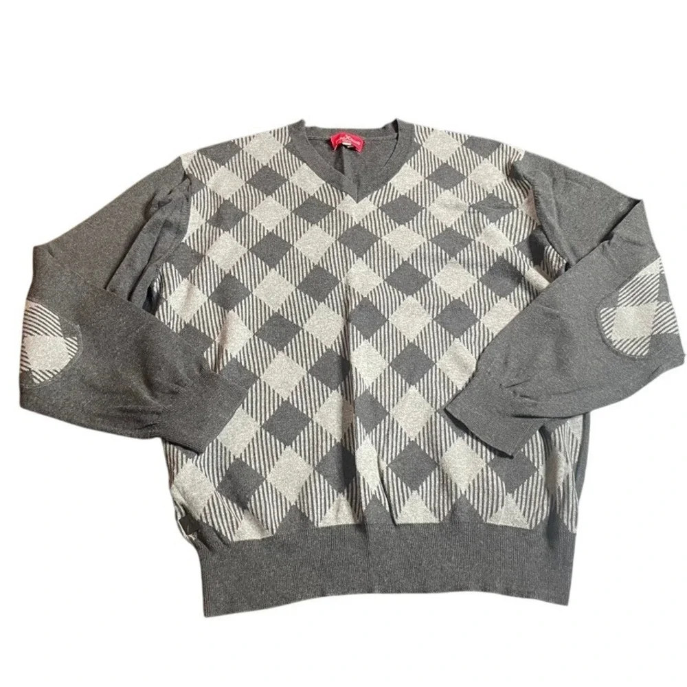 Marc Ecko Cut & Sew Mens Argyle V Neck Sweater XXL Gray Cotton Elbow Patch